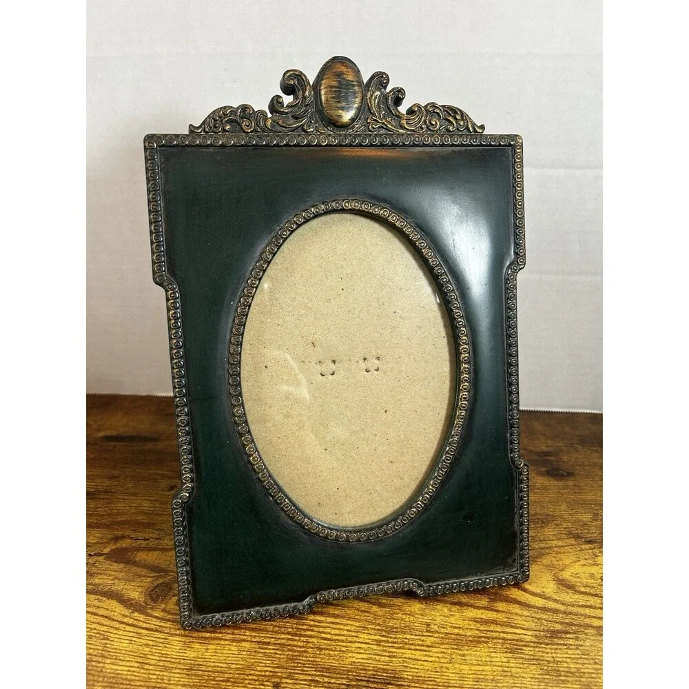Vintage Ornate Green 5x7 Picture Frame Easel Gold Accent Taiwan Home Decor Photo